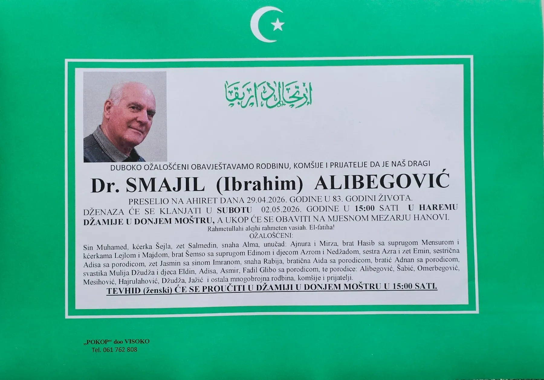 Smrtovnica Dr. Smajil (Ibrahim) Alibegović, Donje Moštre – obavijest o dženazi i ukopu